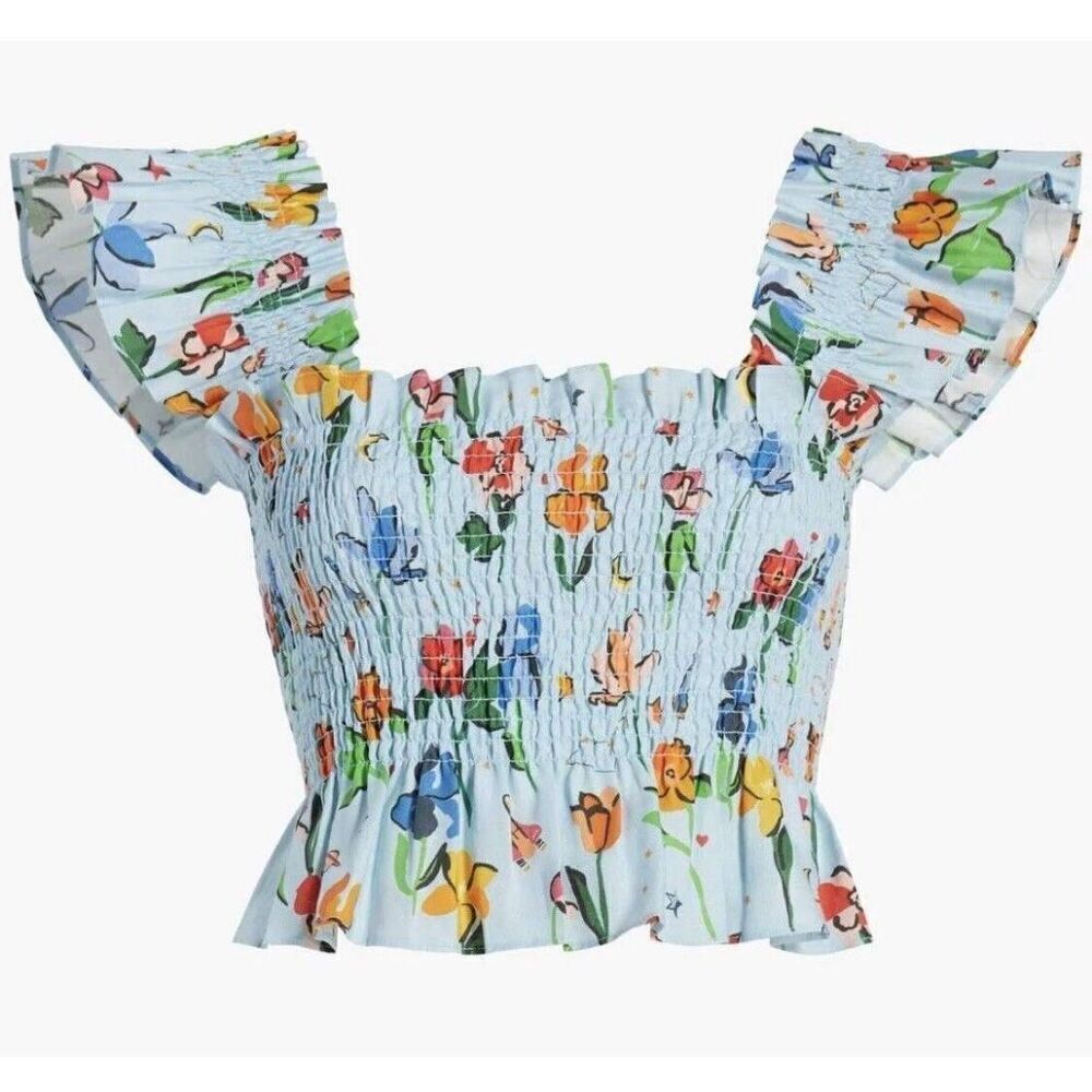 HILL HOUSE The Ellie Crop Top Light Blue Space Floral Size L